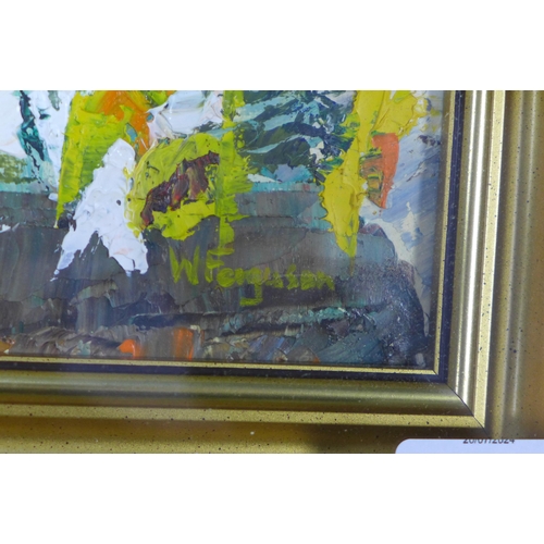 151 - WILLIAM FERGUSON, (SCOTTISH CONTEMPORARY), SPRING AGAIN, oil on board, signed, framed under glass, l... 