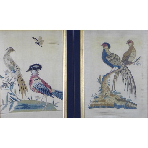 153 - A pair of needlework silk panels of birds, framed under glass, 29 x 38cm including frames (2)