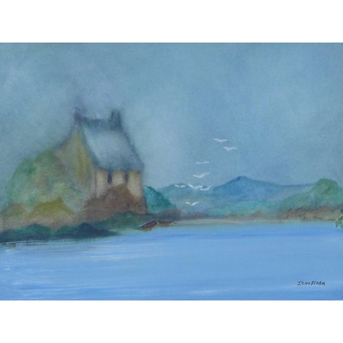 157 - J.B NORTHAM, cottage on the shore, signed mixed media, framed under glass and labelled verso, 27 x 2... 