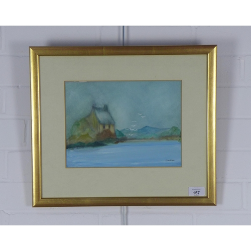 157 - J.B NORTHAM, cottage on the shore, signed mixed media, framed under glass and labelled verso, 27 x 2... 