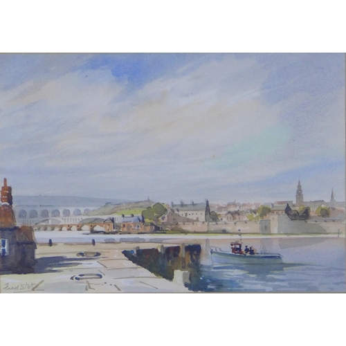 159 - FRED STOTT (BRITISH 1910 - 2006) signed watercolour of Berwick Upon Tweed, framed under glass, 34 x ... 