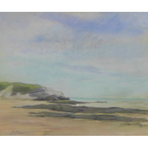 166 - J. SHAW, untitled shore scene, signed watercolour, framed under glass, 44 x 56cm