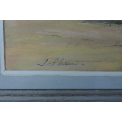 166 - J. SHAW, untitled shore scene, signed watercolour, framed under glass, 44 x 56cm