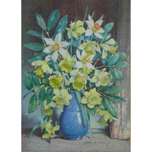 171 - JOHN M. AIKEN (1880-1961) DAFFODILS & LAUREL, signed watercolour, framed under glass with title labe... 