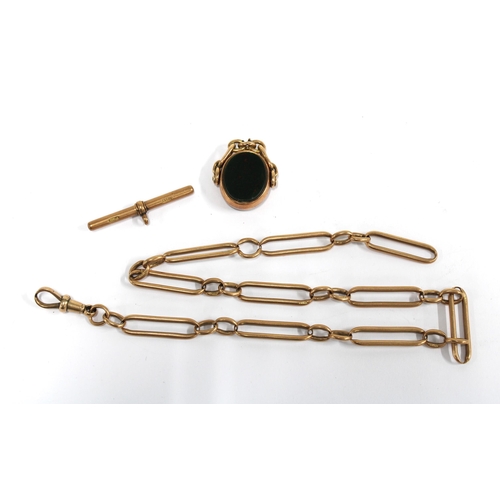 18 - 9ct gold watch chain, 9ct gold T-bar and an Edwardian 9ct gold mounted hardstone revolving fob (3)