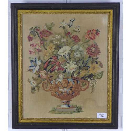 180 - Tapestry needlework of a vase of flowers, framed under glass, 43 x 50cm including frame