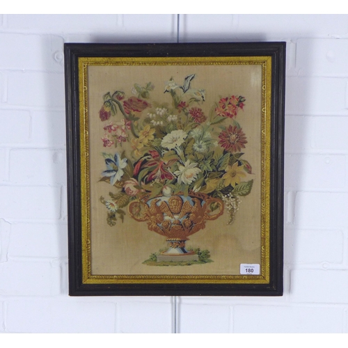 180 - Tapestry needlework of a vase of flowers, framed under glass, 43 x 50cm including frame