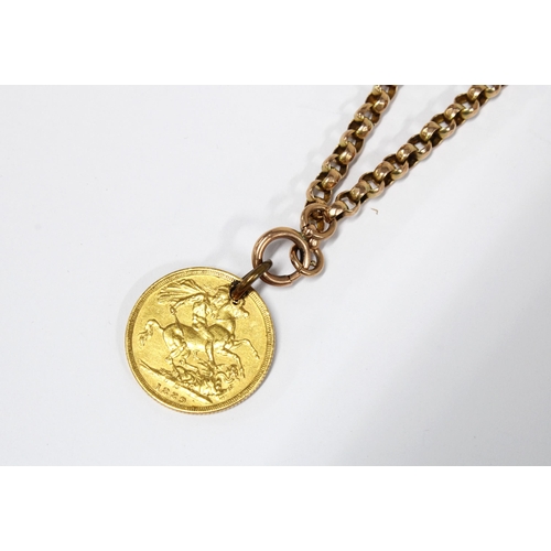 19 - 9ct gold guard chain, stamped 9ct with a Queen Victoria gold sovereign coin, 1889, (coin drilled) 18... 