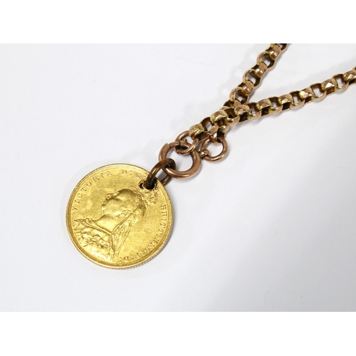 19 - 9ct gold guard chain, stamped 9ct with a Queen Victoria gold sovereign coin, 1889, (coin drilled) 18... 