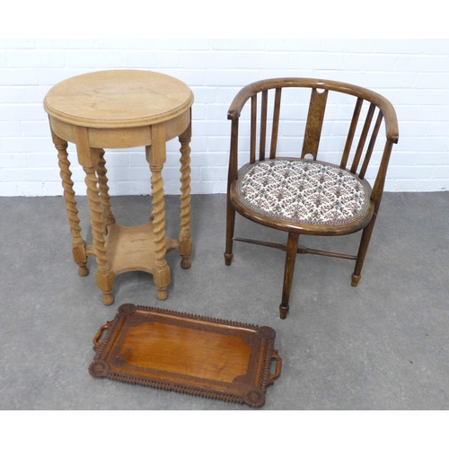 201 - An Edwardian corner chair, oak table and carved hardwood tray. (3)