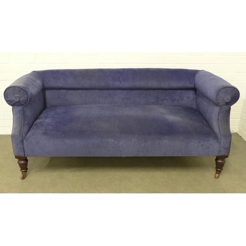 209 - A late 19th/early 20th century two seater settee, upholstered in blue velvet, on mahogany legs with ... 