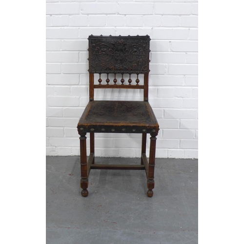 218 - Antique, Renaissance style side chair with embossed leather back and seat, 44 x 86 x 40cm.