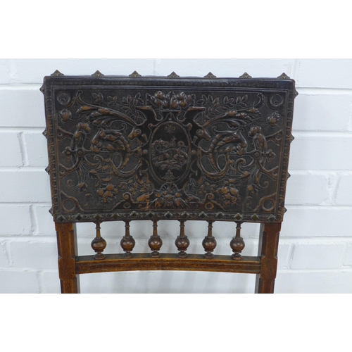 218 - Antique, Renaissance style side chair with embossed leather back and seat, 44 x 86 x 40cm.