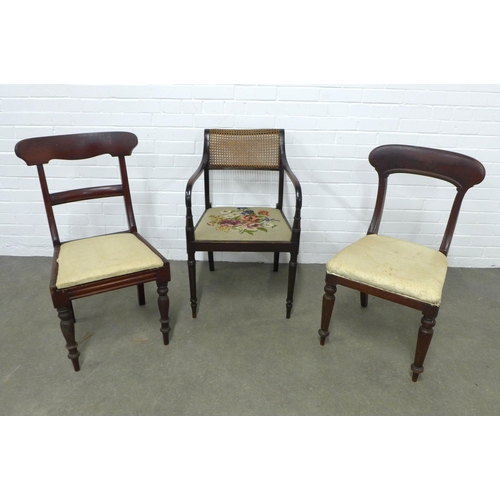 225 - Regency style open armchair with cane back and tapestry seat together with two 19th century mahogany... 