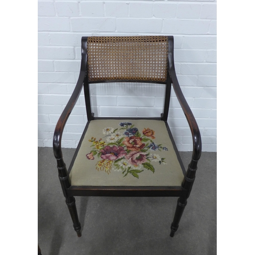 225 - Regency style open armchair with cane back and tapestry seat together with two 19th century mahogany... 