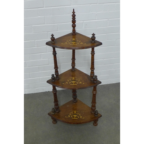 229 - Mahogany and inlaid three tier corner whatnot, 51 x 108cm.