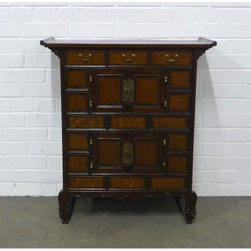 230 - Korean elm and brass mounted cabinet with three short drawers over two cupboards, 75 x 85 x 32cm.