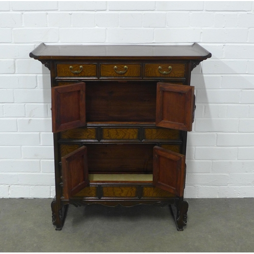 230 - Korean elm and brass mounted cabinet with three short drawers over two cupboards, 75 x 85 x 32cm.