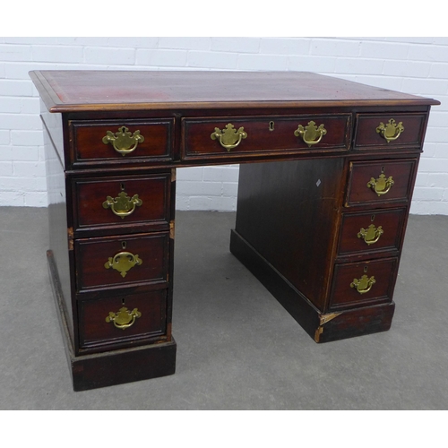 244 - Mahogany pedestal desk with red skiver top, 102 x 72 x 68cm.