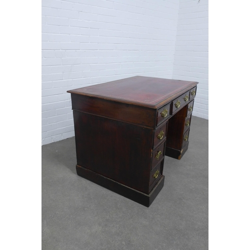 244 - Mahogany pedestal desk with red skiver top, 102 x 72 x 68cm.