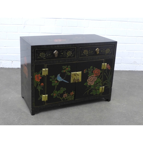 247 - Black lacquered cabinet, decorated with stylised flowers and birds,  61 x 46 x 3cm.