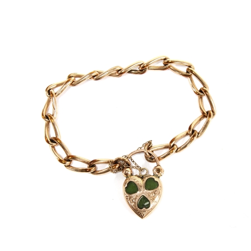 25 - 9ct gold bracelet with heart shaped padlock, inset with three jade leaf panels, Birmingham hallmarks