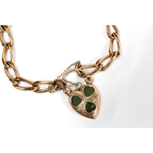 25 - 9ct gold bracelet with heart shaped padlock, inset with three jade leaf panels, Birmingham hallmarks