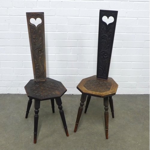 254 - Pair of spinning chairs, typical design with carved backs and seat (one is a/f) 31 x 94 x 37 cm. (2)