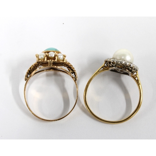 26 - A pearl and diamond dress ring set in unmarked yellow metal together, size N, with another with pear... 