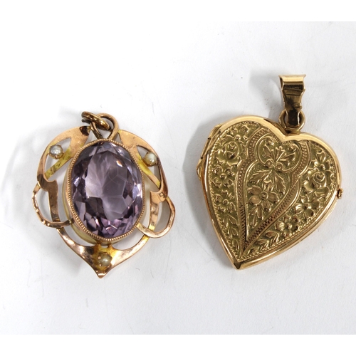 28 - Heart shaped padlock, the suspension loop stamped 750 together with a 9ct gold amethyst and seed pea... 