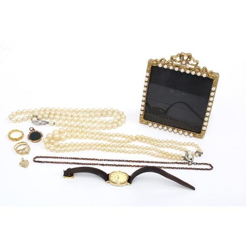 30 - Ladies Longines wristwatch, faux pearl necklace, costume jewellery rings and a hardstone fob in unma... 