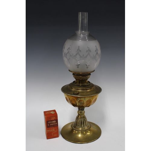 385 - Brass oil lamp with etched glass shade, 47cm