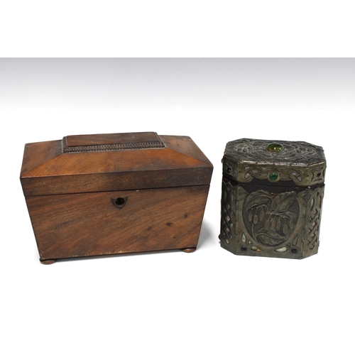 394 - Art Nouveau pressed metal and wood tea caddy, with abalone and glass decoration, 13 x 13cm, together... 