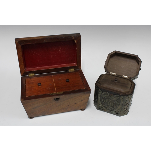 394 - Art Nouveau pressed metal and wood tea caddy, with abalone and glass decoration, 13 x 13cm, together... 