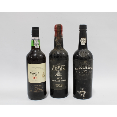 411 - Three bottles of vintage port, including Porto Calem 1975, Fonseca Guimaraens 1982, and 10 year old ... 