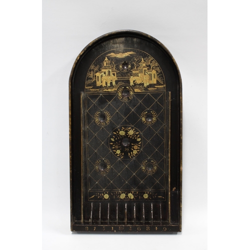 413 - Regency black lacquer chinoiserie bagatelle board, 26 x 47cm