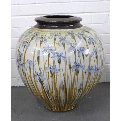 421 - ALICE MACFARLANE for Drymen Pottery, an oversized  ovoid vase with handpainted irises pattern,  56 x... 