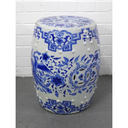 422 - Chinese blue and white barrel stool, 38 x 47cm.