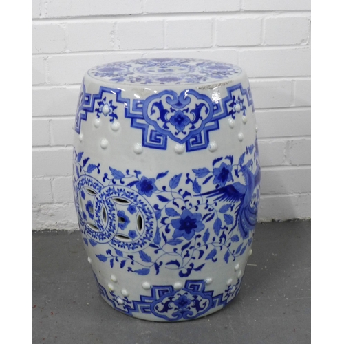 422 - Chinese blue and white barrel stool, 38 x 47cm.