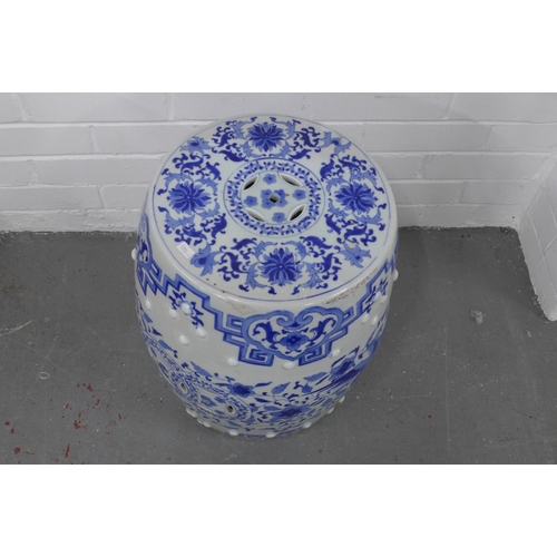 422 - Chinese blue and white barrel stool, 38 x 47cm.