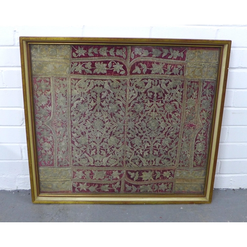 429 - Antique Islamic embroidered panel, framed under glass, 71 x 65cm.