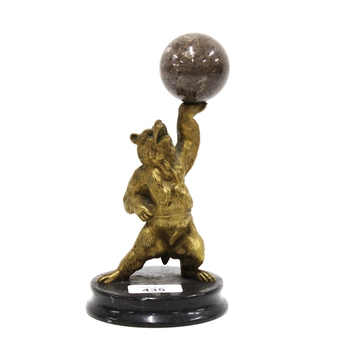 435 - Bronze bear, likely Russian, modelled standing  with one paw aloft holding a hardstone sphere, on a ... 