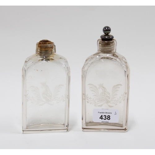 438 - A pair of late 18th century armorial engraved glass flask, one with a silver plated and cork stopper... 