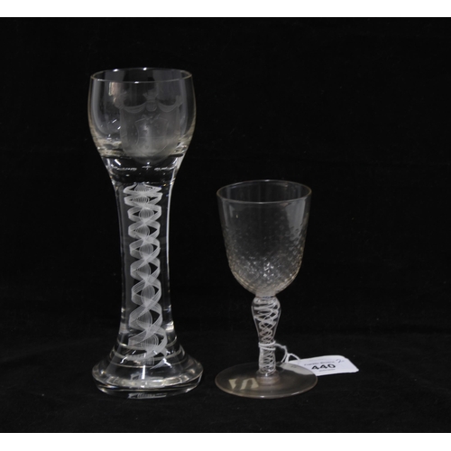 440 - European armorial engraved glass with an enamel twist stem, 19cm, together with a small enamel twist... 