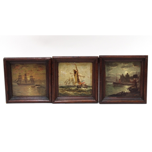 443 - Three small Dutch oil on panel paintings of ships, framed, 8 x 8cm (3)