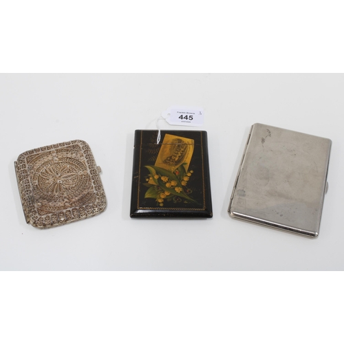 445 - White metal filigree cigarette case, an Epns  cigarette case and a Mauchline type card case (3)