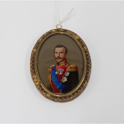 446 - Russian miniature of a Gent in a gilt oval frame, paper label verso, 7cm