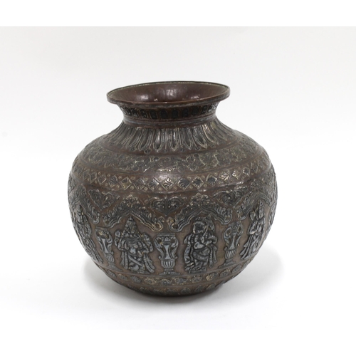 452 - Eastern bronze vase with mixed metal inlaid and embossed pattern, 15cm