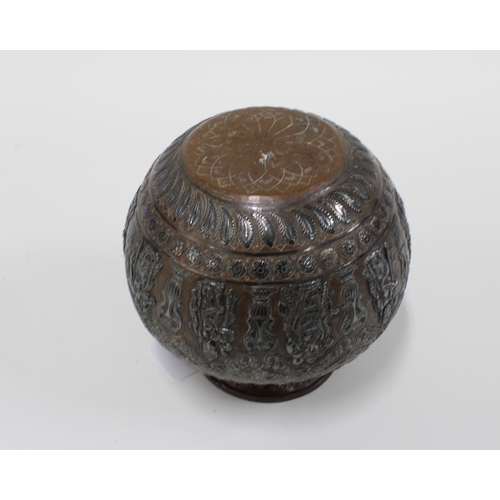 452 - Eastern bronze vase with mixed metal inlaid and embossed pattern, 15cm