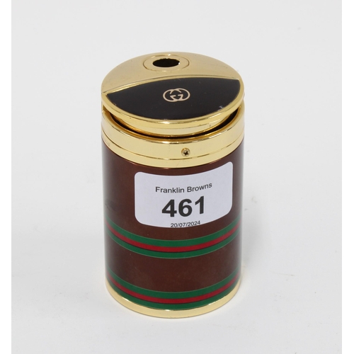 461 - Gucci table lighter, cylindrical with brown, red and green bands, double GG motif to top, 8cm